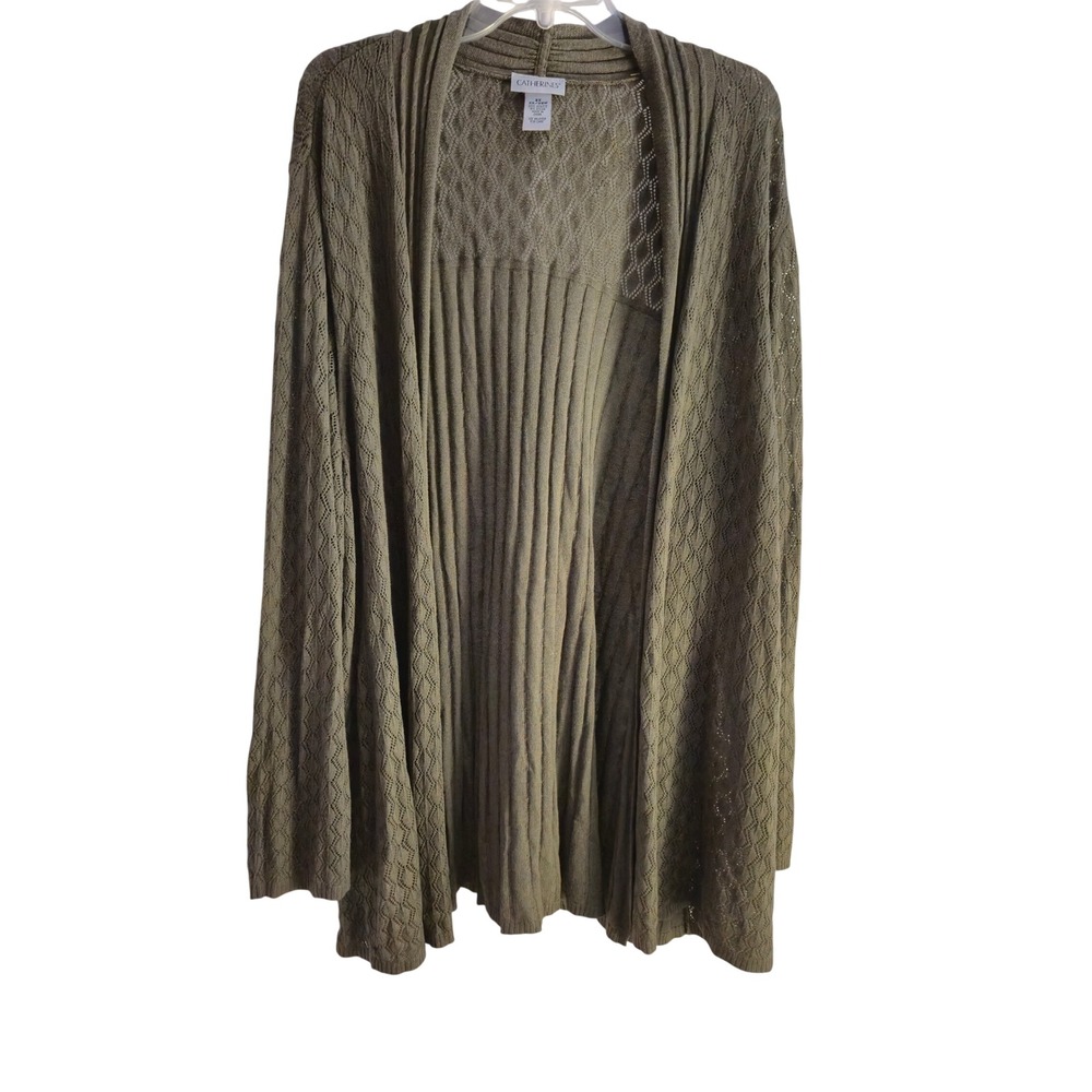 Catherines Cardigan Womens 3X Olive Green Open Front Pointelle Knit Layering